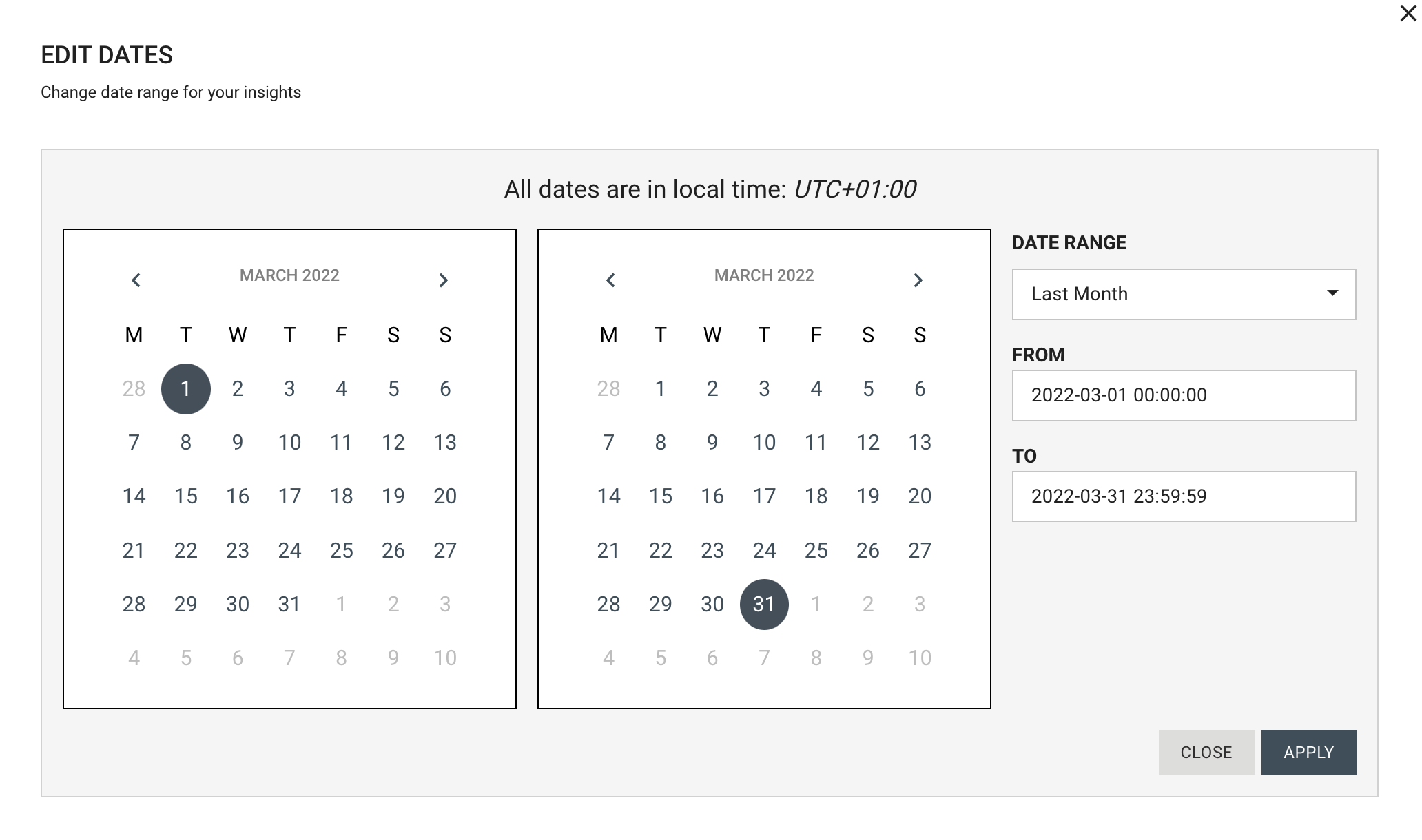 Opened Date Range Selector