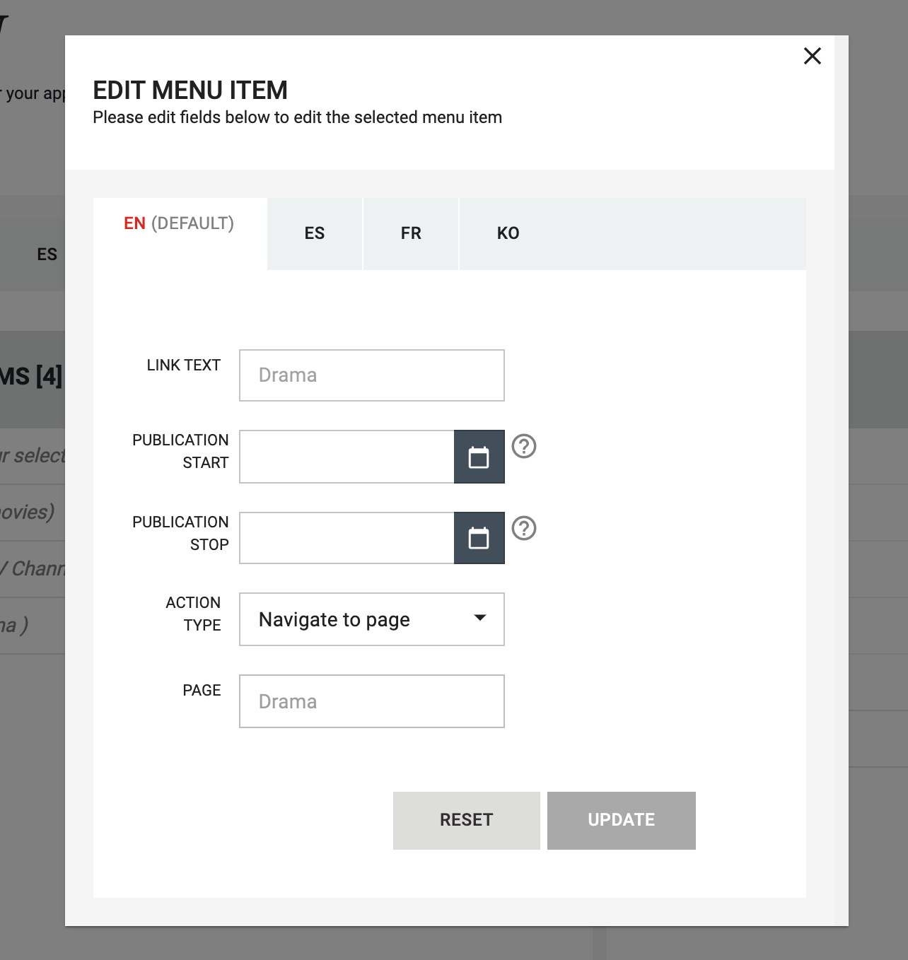 Customer Portal Menu Edit Example