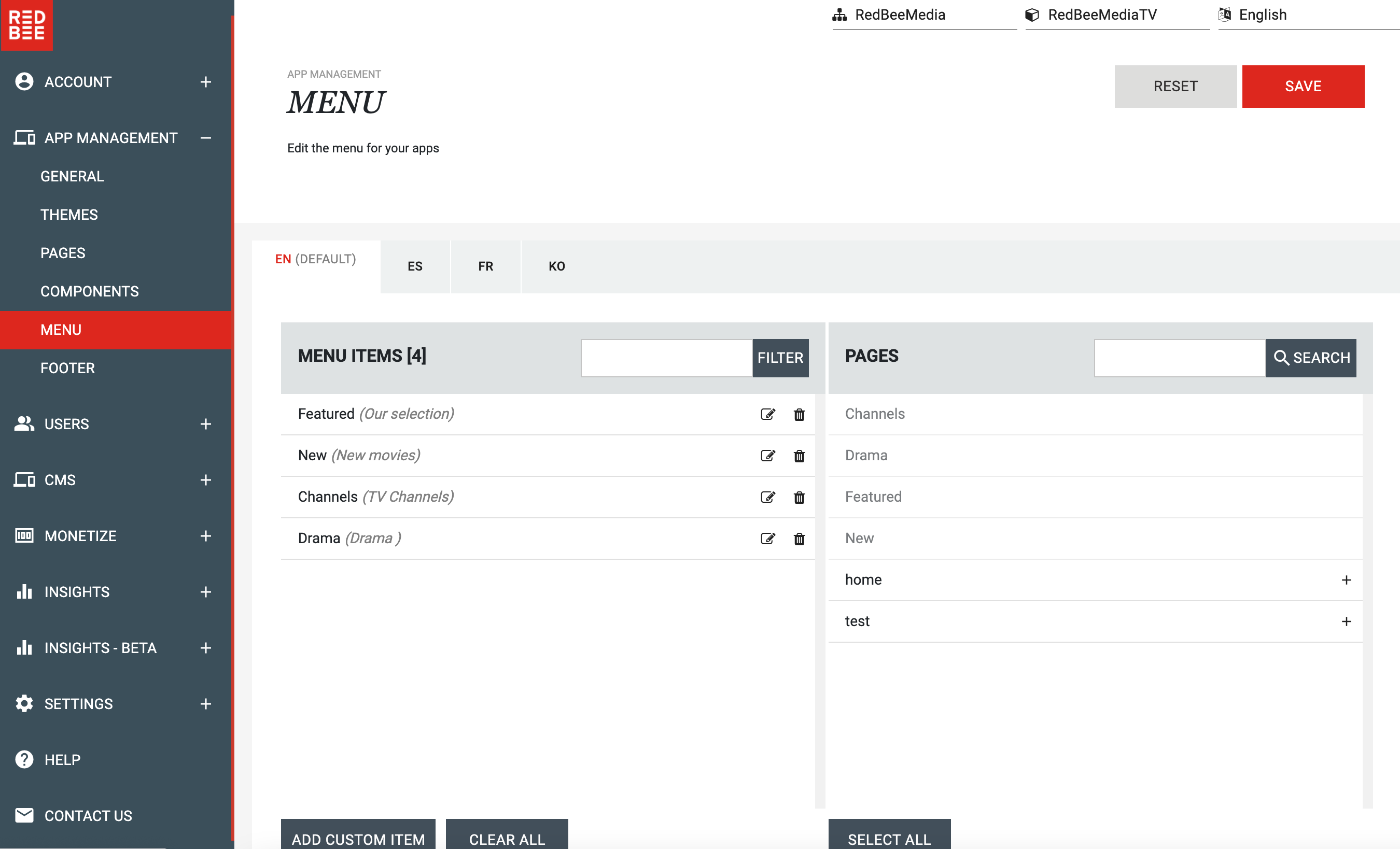 Customer Portal Menu Example